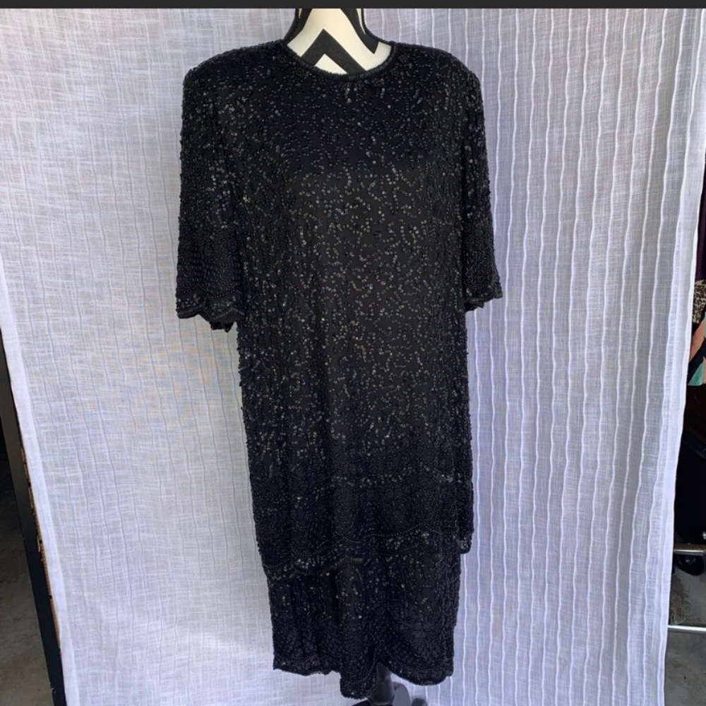 Brilliante by J.A. Beaded Silk Dress Black Size 2X